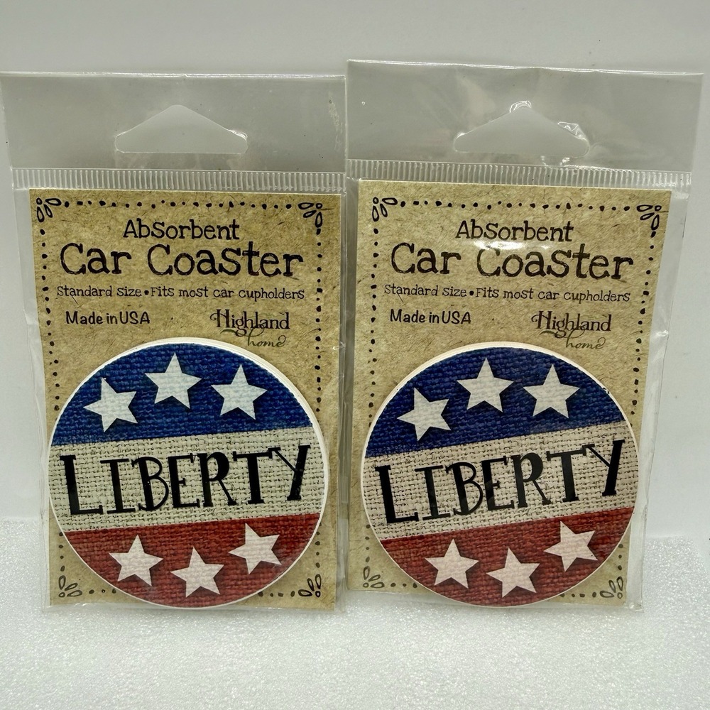 Highland Home Absorbent Stone Car Coasters Liberty Red White Blue Stars Lot of 2